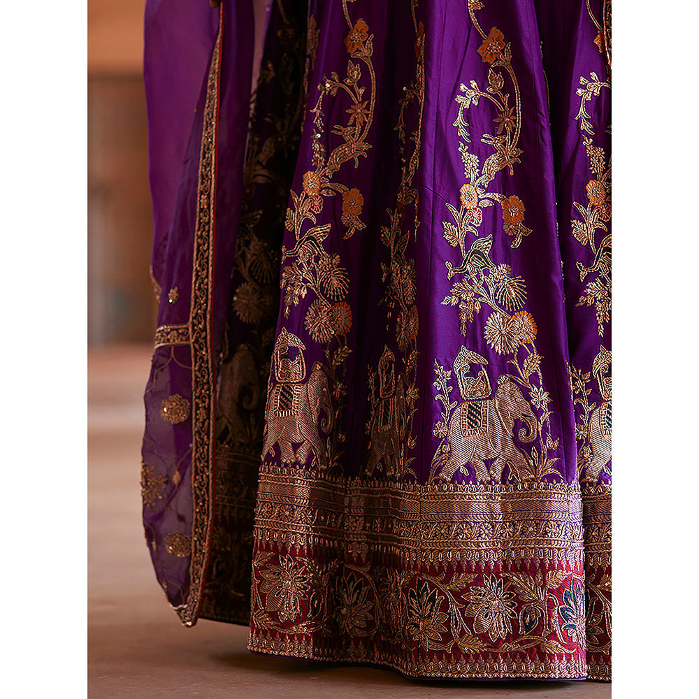 WeaverStory Deep Purple Hand Zardozi Lehenga with Choli Cut Choli and Dupatta (Set of 3)