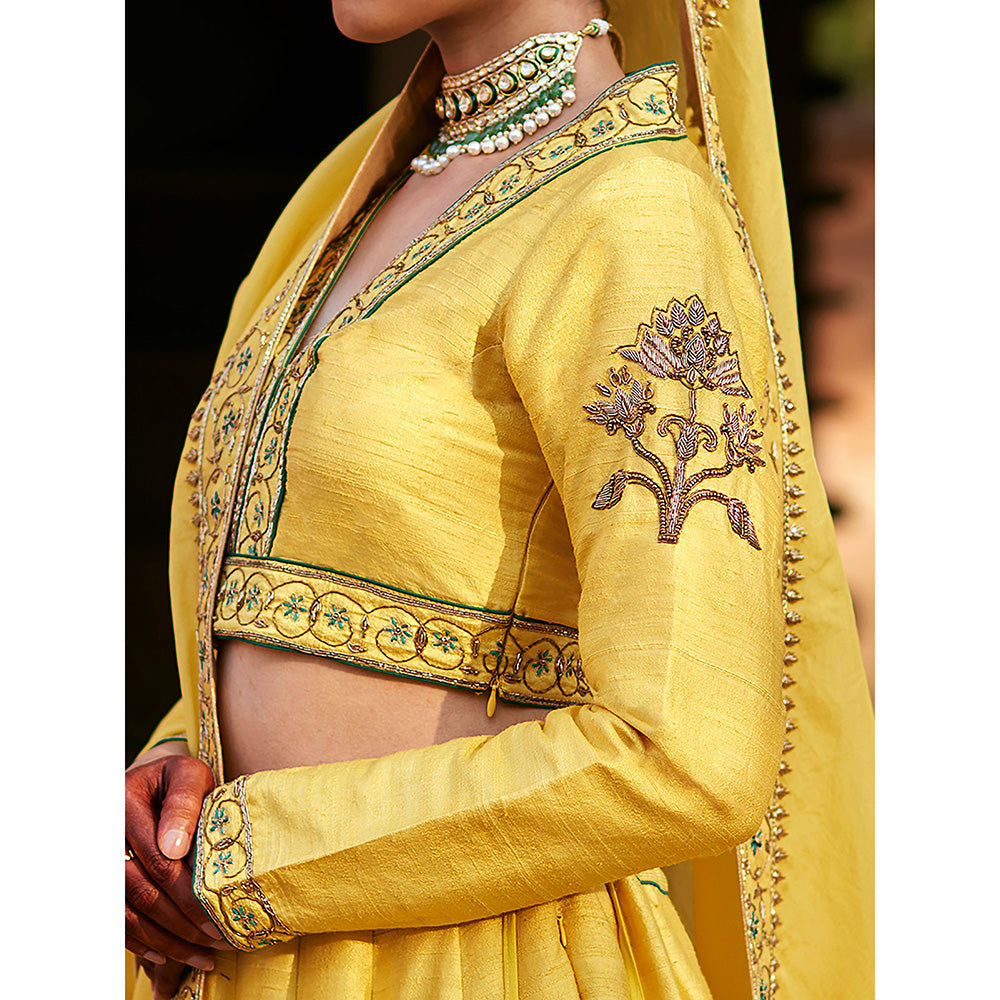 WeaverStory Yellow Raw Silk Lehenga with Choli and Organza Dupatta (Set of 3)