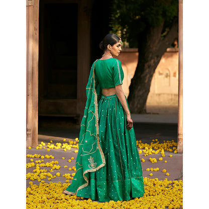 WeaverStory Verdian Green Banarasi Lehenga with Pure Silk Choli and Organza Dupatta (Set of 3)