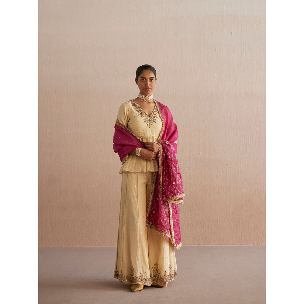 WeaverStory Izhaar Off White Cotton Tissue Kurti with Sharara and Organza Dupatta (Set of 3)