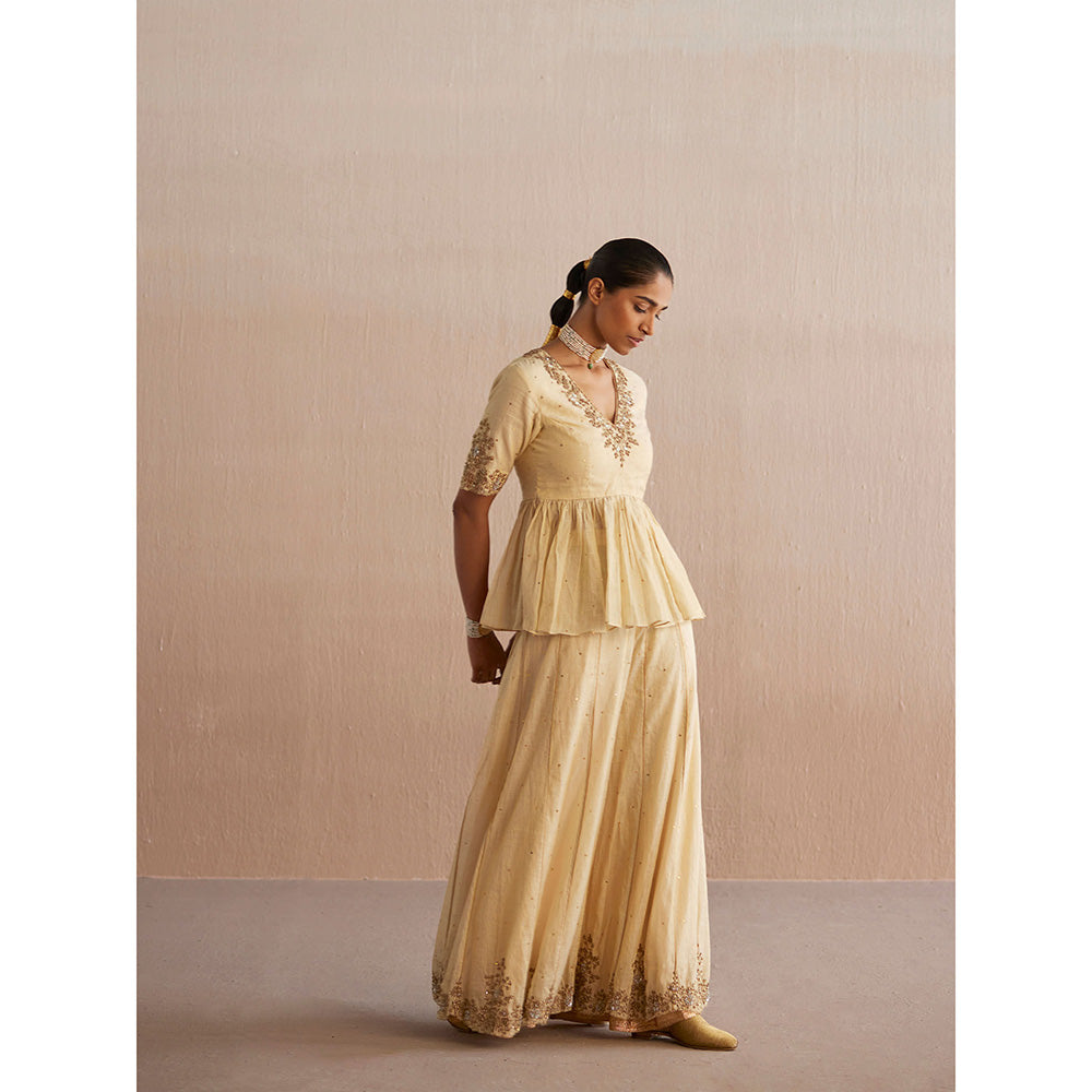 WeaverStory Izhaar Off White Cotton Tissue Kurti with Sharara and Organza Dupatta (Set of 3)