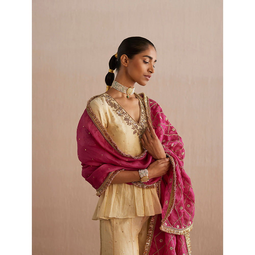 WeaverStory Izhaar Off White Cotton Tissue Kurti with Sharara and Organza Dupatta (Set of 3)