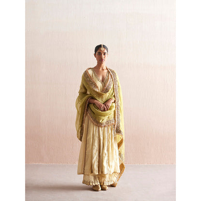 WeaverStory Nayaab Off White Cotton Tissue Angarkha with Pant and Dupatta (Set of 3)