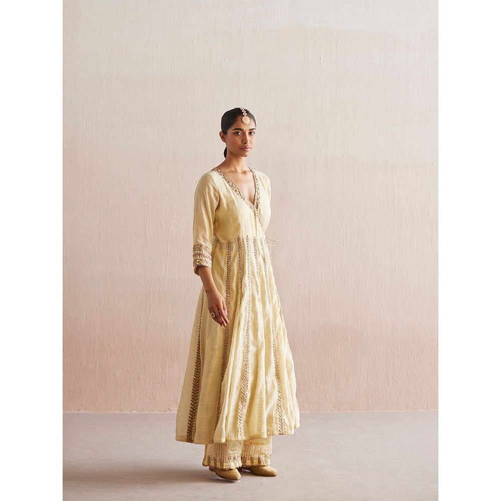 WeaverStory Nayaab Off White Cotton Tissue Angarkha with Pant and Dupatta (Set of 3)