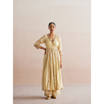 WeaverStory Nayaab Off White Cotton Tissue Angarkha with Pant (Set of 2)