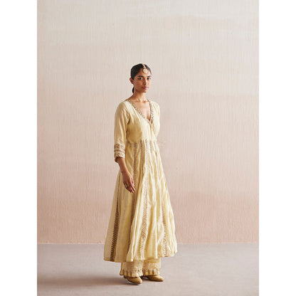 WeaverStory Nayaab Off White Cotton Tissue Angarkha with Pant (Set of 2)