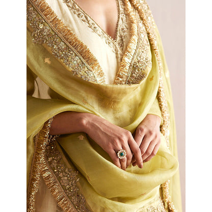 WeaverStory Nayaab Off White Cotton Tissue Angarkha with Pant (Set of 2)