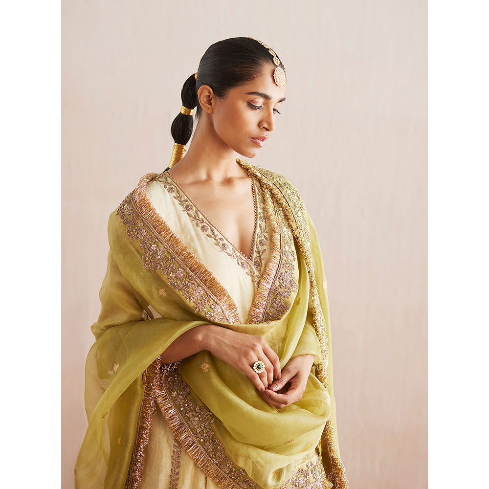 WeaverStory Nayaab Off White Cotton Tissue Angarkha with Pant (Set of 2)