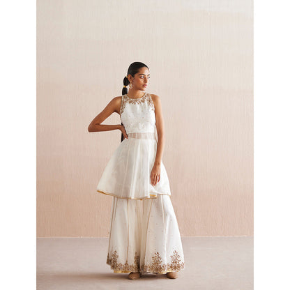 WeaverStory Afsana White Organza Top with Gharara and Dupatta (Set of 3)