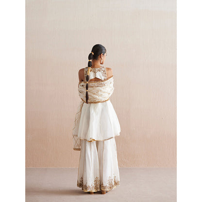 WeaverStory Afsana White Organza Top with Gharara and Dupatta (Set of 3)