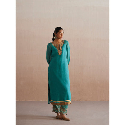 WeaverStory Meheroo Sea Blue Organza Kurta with Tissue Pant and Dupatta (Set of 3)