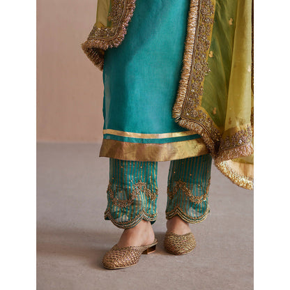 WeaverStory Meheroo Sea Blue Organza Kurta with Tissue Pant and Dupatta (Set of 3)