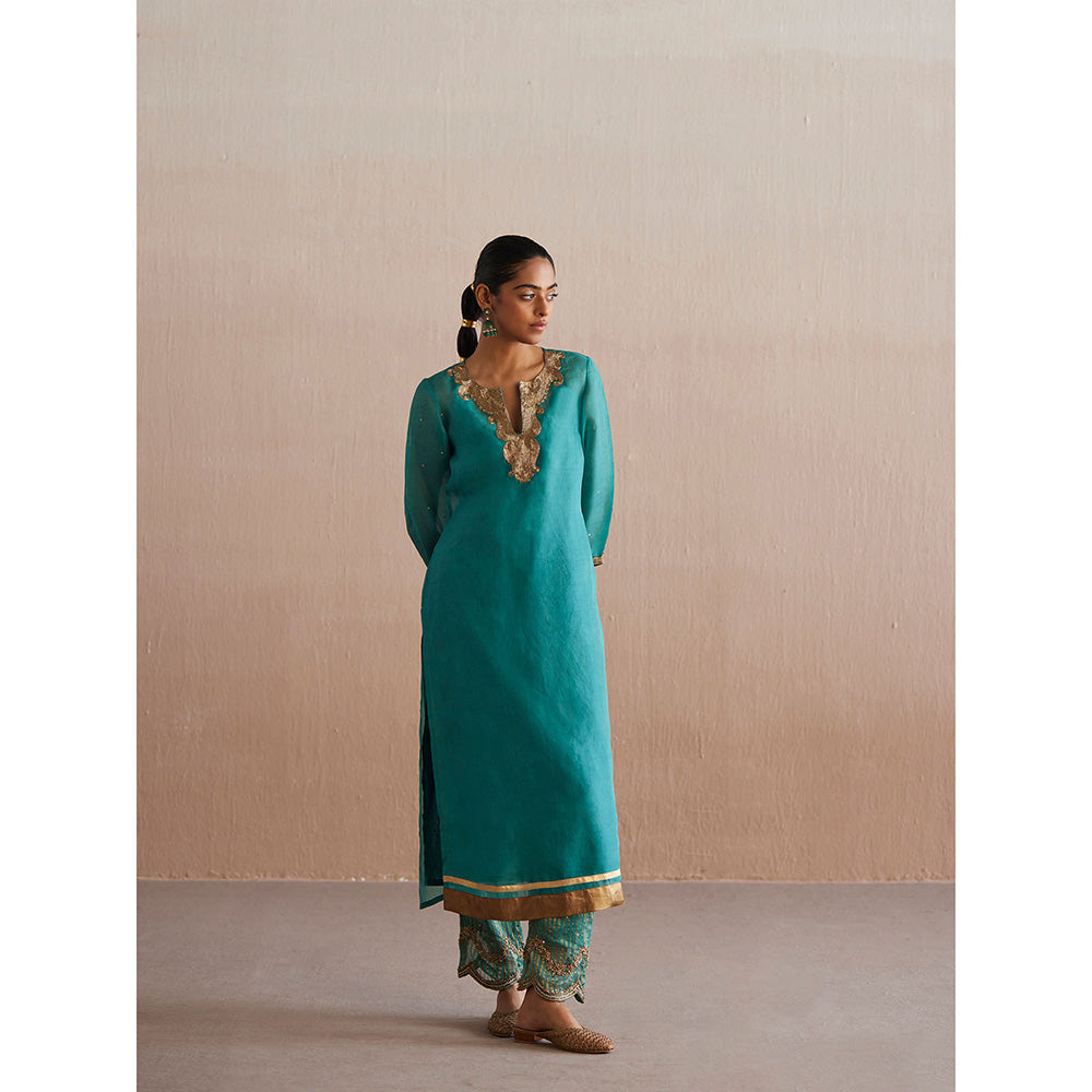 WeaverStory Meheroo Sea Blue Organza Kurta with Tissue Pant (Set of 2)