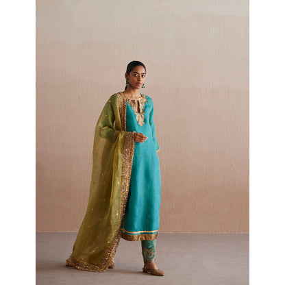 WeaverStory Meheroo Sea Blue Organza Kurta with Tissue Pant (Set of 2)