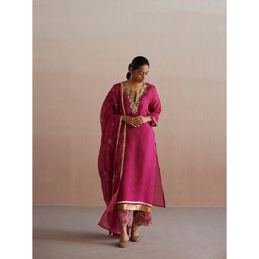 WeaverStory Meheroo Rani Pink Organza Kurta with Cotton Chanderi Pant and Dupatta (Set of 3)