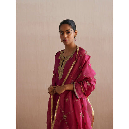 WeaverStory Meheroo Rani Pink Organza Kurta with Cotton Chanderi Pant and Dupatta (Set of 3)