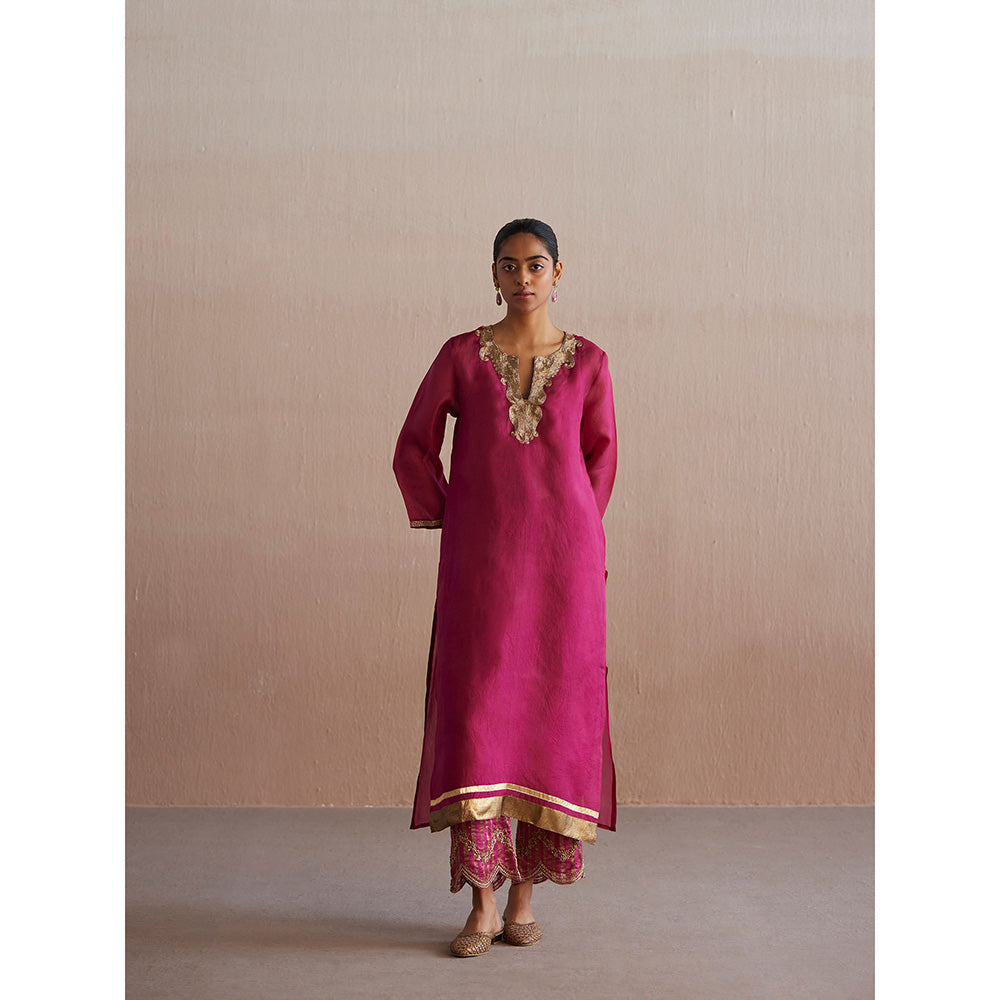 WeaverStory Meheroo Rani Pink Organza Kurta with Cotton Chanderi Pant (Set of 2)