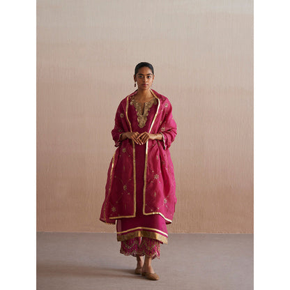 WeaverStory Meheroo Rani Pink Organza Kurta with Cotton Chanderi Pant (Set of 2)