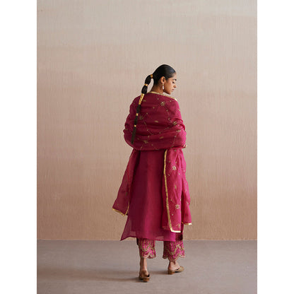 WeaverStory Meheroo Rani Pink Organza Kurta with Cotton Chanderi Pant (Set of 2)