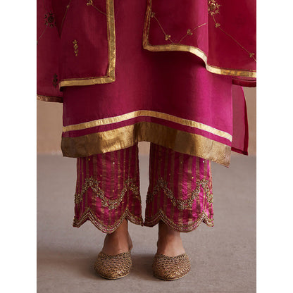 WeaverStory Meheroo Rani Pink Organza Kurta with Cotton Chanderi Pant (Set of 2)