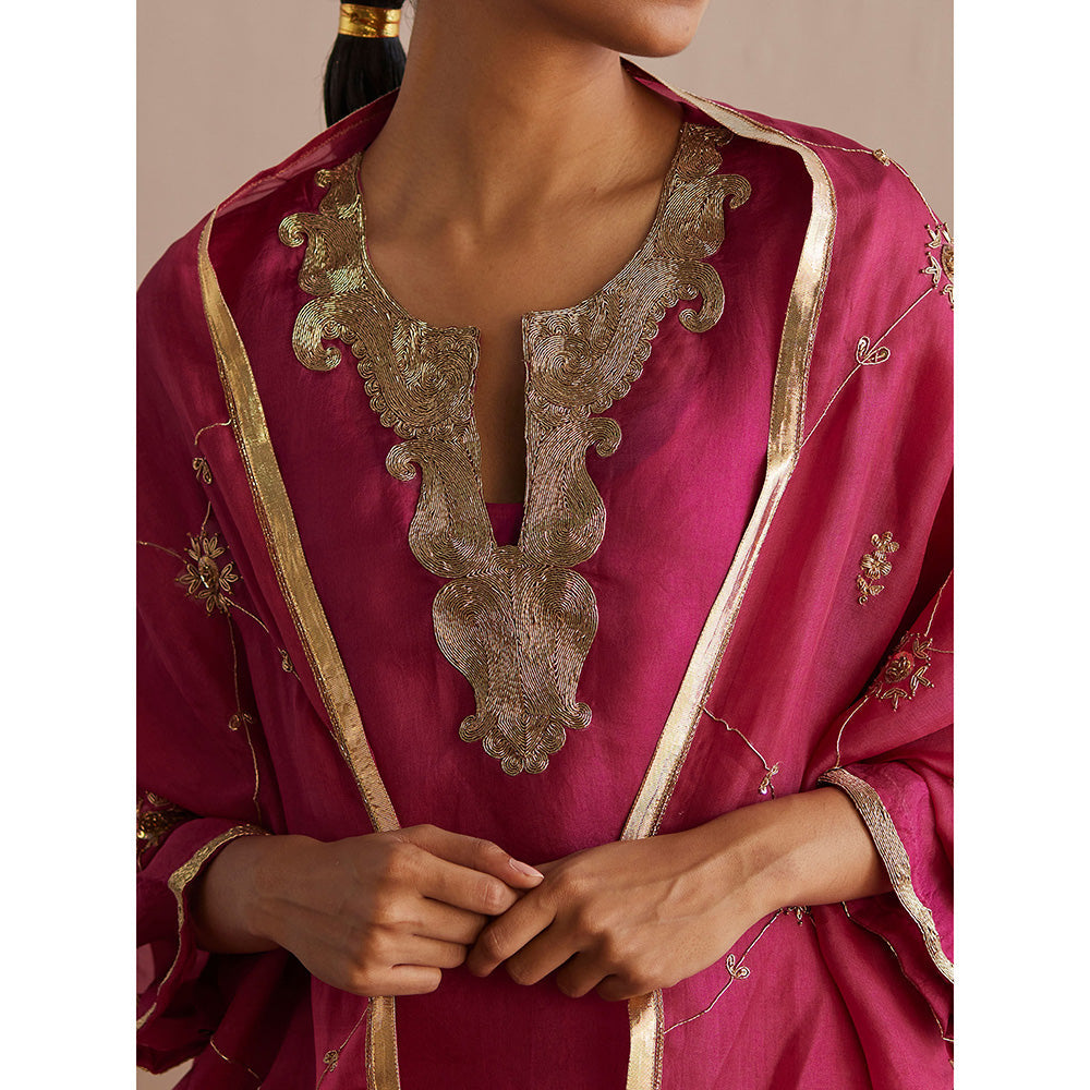 WeaverStory Meheroo Rani Pink Organza Kurta with Cotton Chanderi Pant (Set of 2)