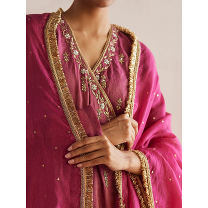 WeaverStory Mahjabeen Rani Pink Tissue Angarkha with Pant and Organza Dupatta (Set of 3)