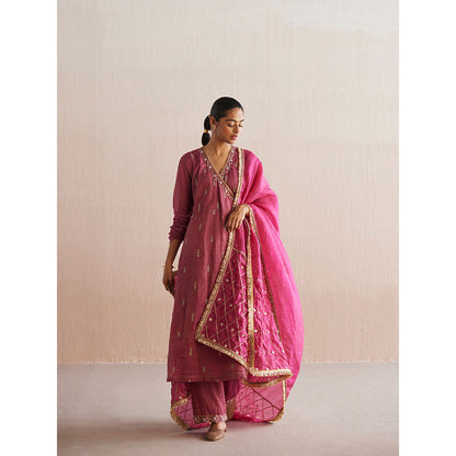 WeaverStory Mahjabeen Rani Pink Tissue Angarkha with Pant and Organza Dupatta (Set of 3)