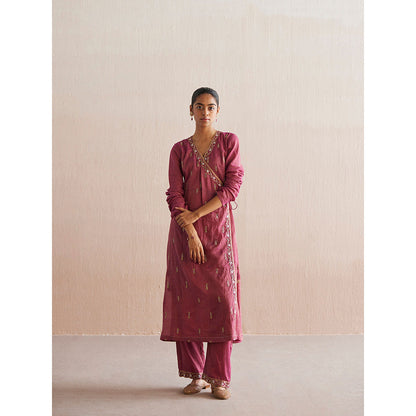 WeaverStory Mahjabeen Rani Pink Tissue Angarkha with Pant and Organza Dupatta (Set of 3)