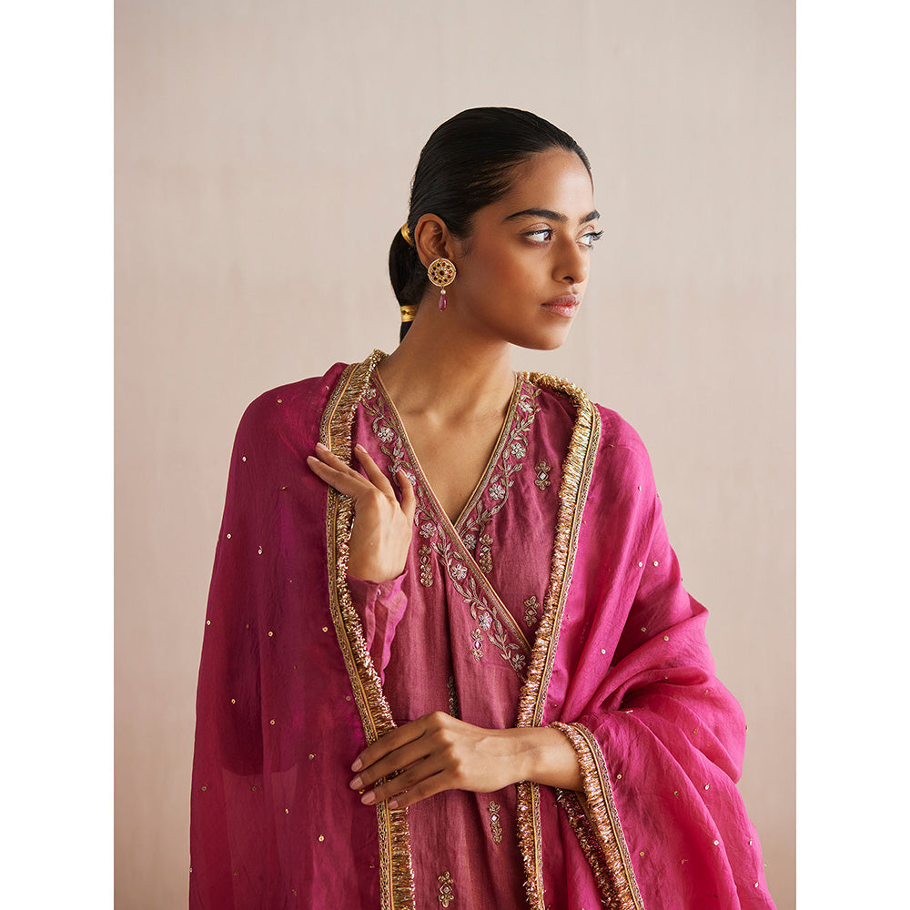 WeaverStory Mahjabeen Rani Pink Tissue Angarkha with Pant (Set of 2)