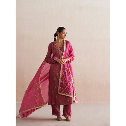 WeaverStory Mahjabeen Rani Pink Tissue Angarkha with Pant (Set of 2)