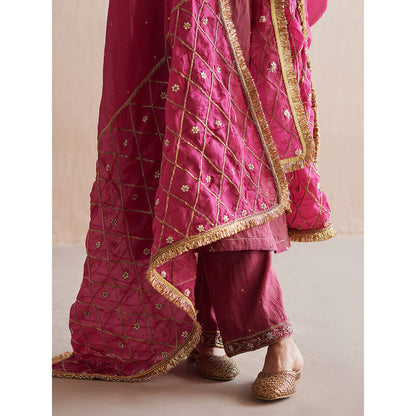 WeaverStory Mahjabeen Rani Pink Tissue Angarkha with Pant (Set of 2)