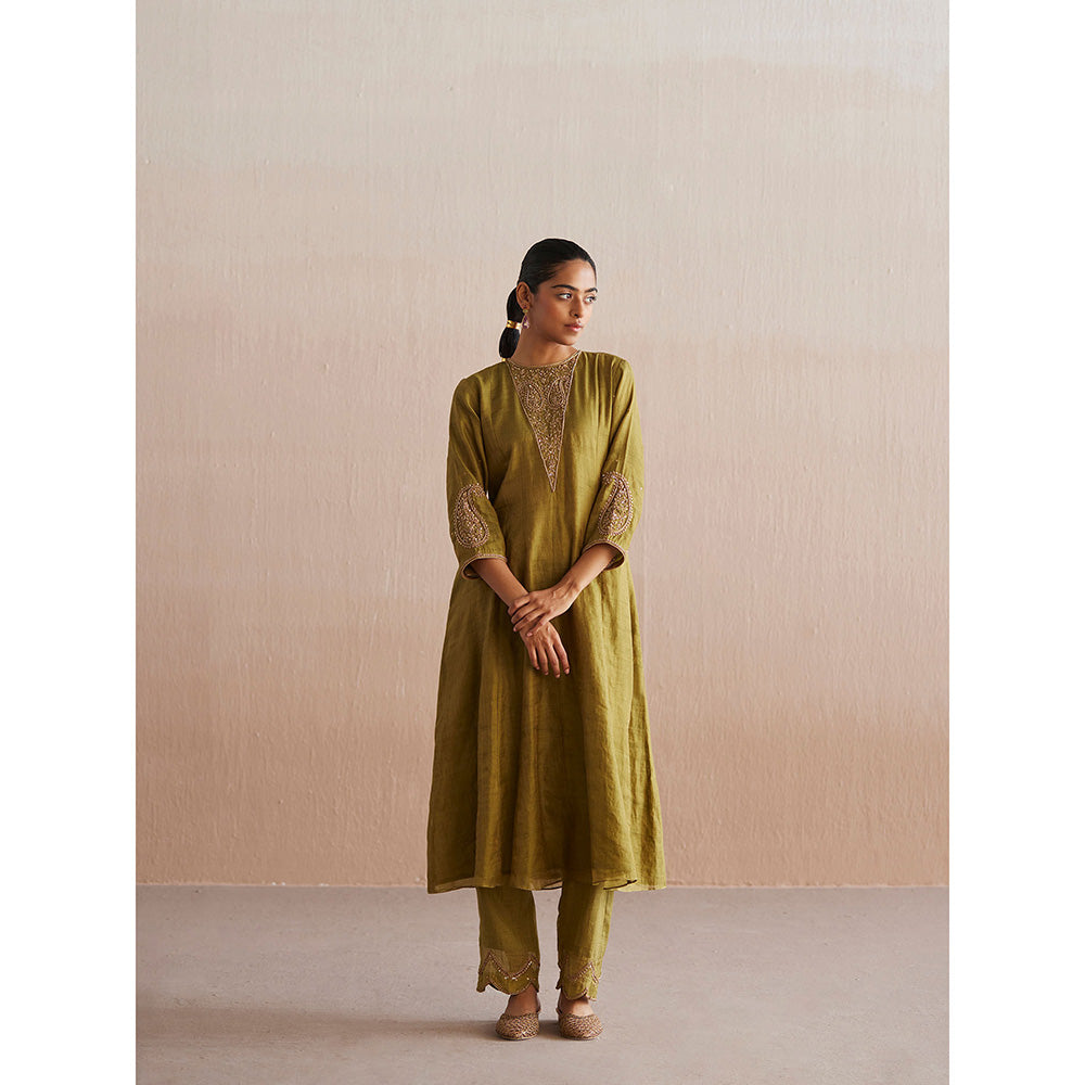 WeaverStory Aayat Chartreuse Green Cotton Tissue Kurta with Pant and Dupatta (Set of 3)