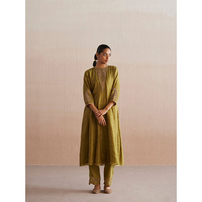 WeaverStory Aayat Chartreuse Green Cotton Tissue Kurta with Pant and Dupatta (Set of 3)