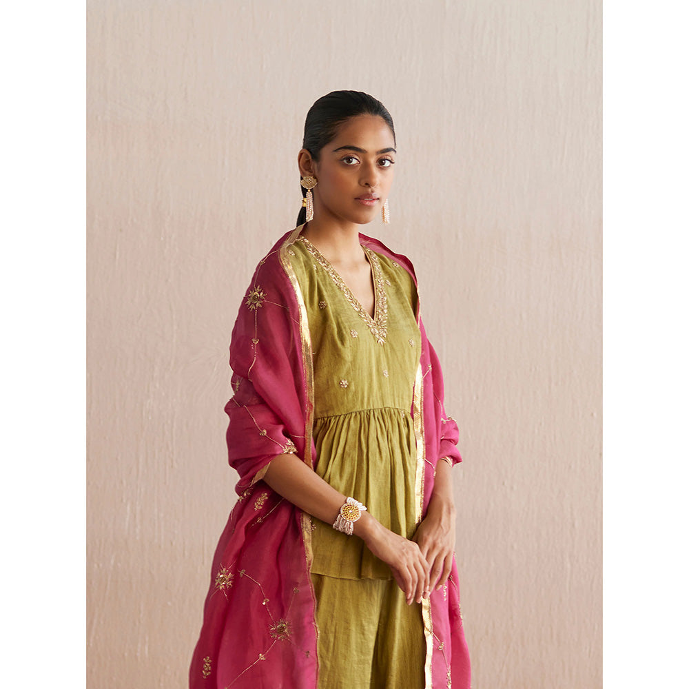 WeaverStory Izhaar Chartreuse Green Cotton Tissue Kurta with Skirt and Dupatta (Set of 3)