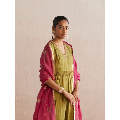 WeaverStory Izhaar Chartreuse Green Cotton Tissue Kurta with Skirt and Dupatta (Set of 3)