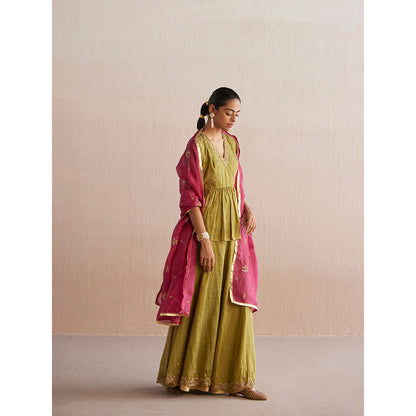 WeaverStory Izhaar Chartreuse Green Cotton Tissue Kurta with Skirt and Dupatta (Set of 3)
