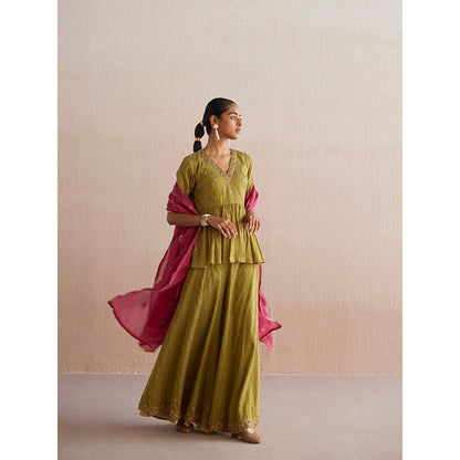 WeaverStory Izhaar Chartreuse Green Cotton Tissue Kurta with Skirt and Dupatta (Set of 3)
