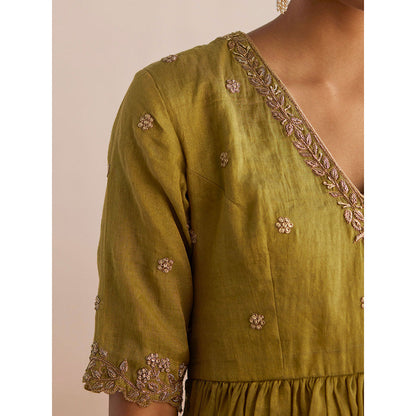 WeaverStory Izhaar Chartreuse Green Cotton Tissue Kurta with Skirt and Dupatta (Set of 3)