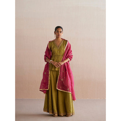 WeaverStory Izhaar Chartreuse Green Cotton Tissue Kurta with Skirt (Set of 2)