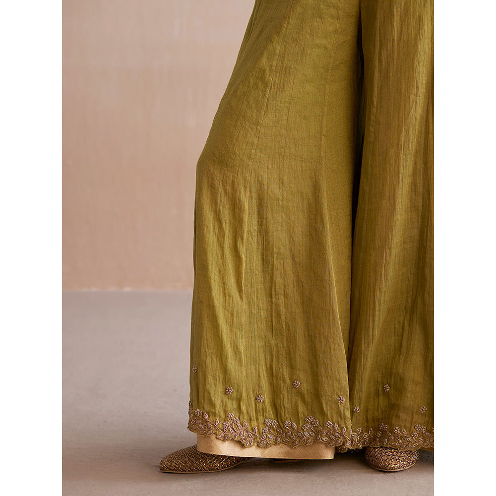 WeaverStory Izhaar Chartreuse Green Cotton Tissue Kurta with Skirt (Set of 2)