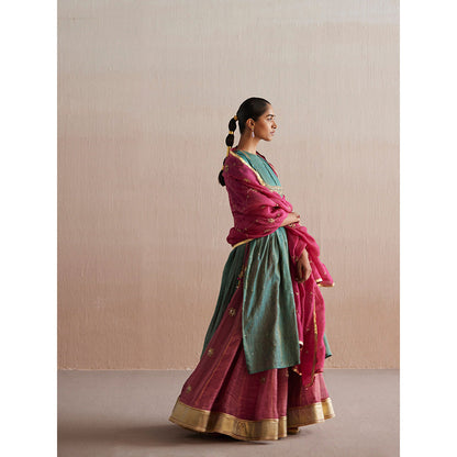 WeaverStory Inayaat Sea Green Kurta with Rani Pink Skirt and Organza Dupatta (Set of 3)