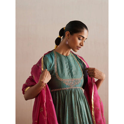 WeaverStory Inayaat Sea Green Kurta with Rani Pink Skirt and Organza Dupatta (Set of 3)