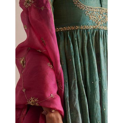 WeaverStory Inayaat Sea Green Kurta with Rani Pink Skirt and Organza Dupatta (Set of 3)