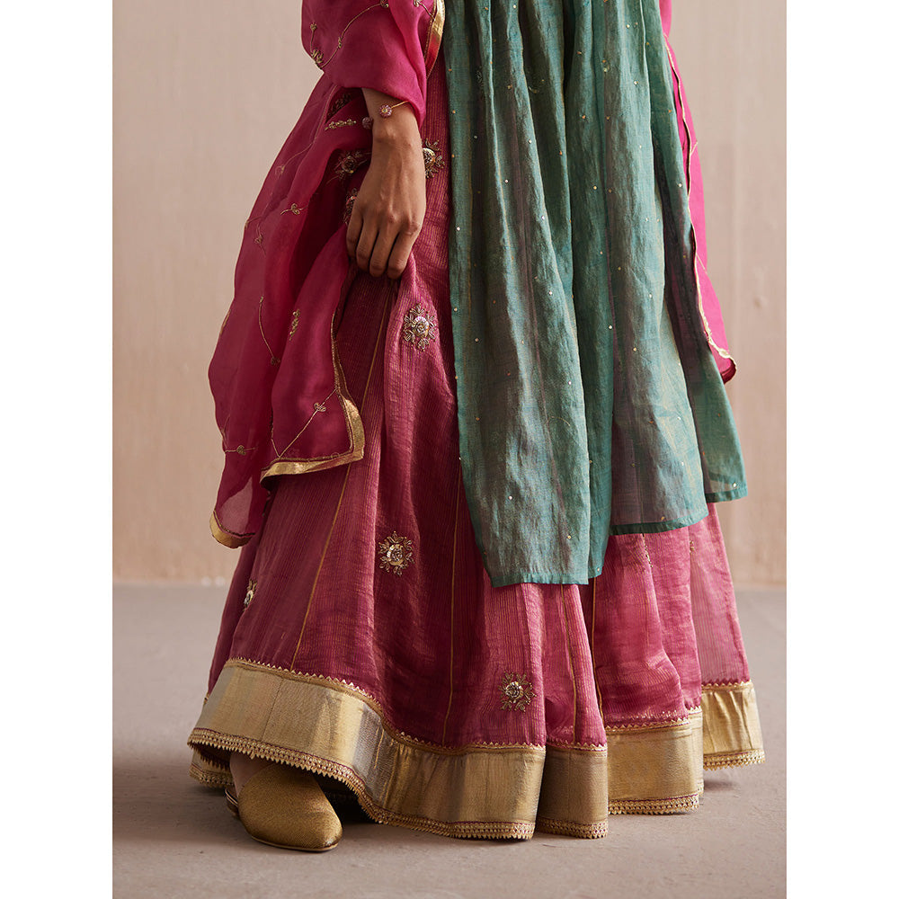 WeaverStory Inayaat Sea Green Kurta with Rani Pink Skirt (Set of 2)