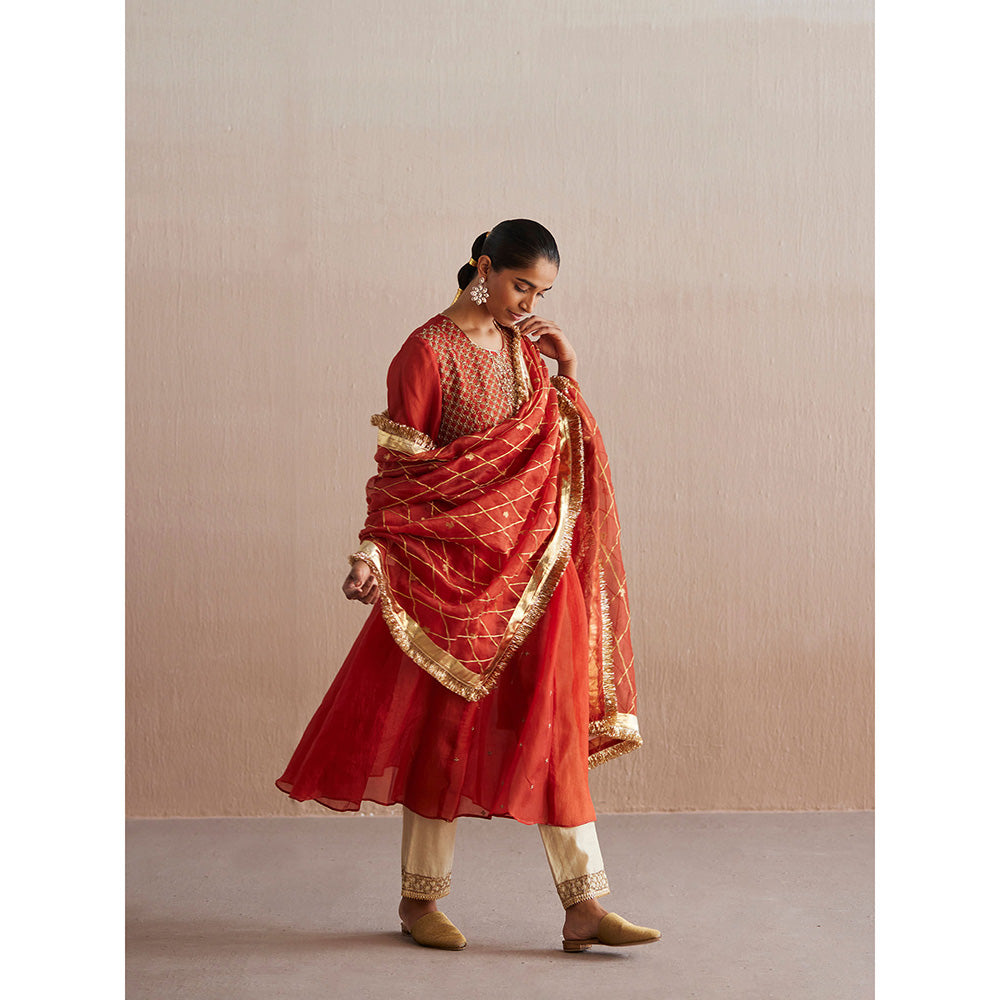 WeaverStory Noor Rust Orange Organza Kurta with Tissue Pant and Dupatta (Set of 3)