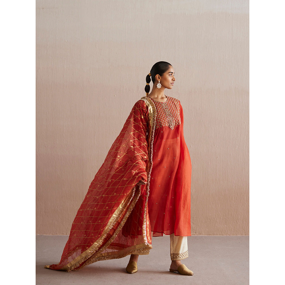 WeaverStory Noor Rust Orange Organza Kurta with Cotton Tissue Pant (Set of 2)