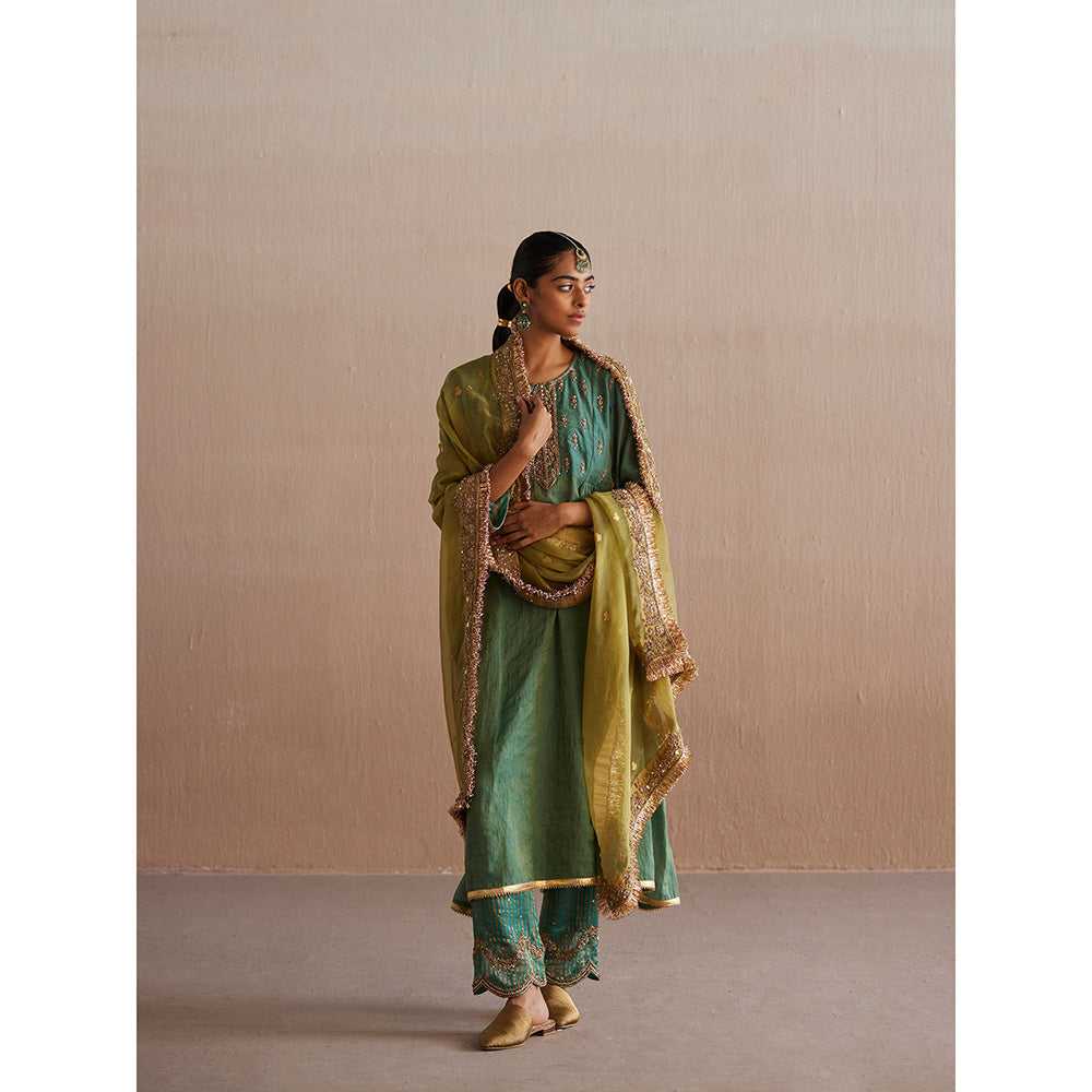 WeaverStory Noor Sea Green Cotton Tissue Kurta with Pant and Organza Dupatta (Set of 3)