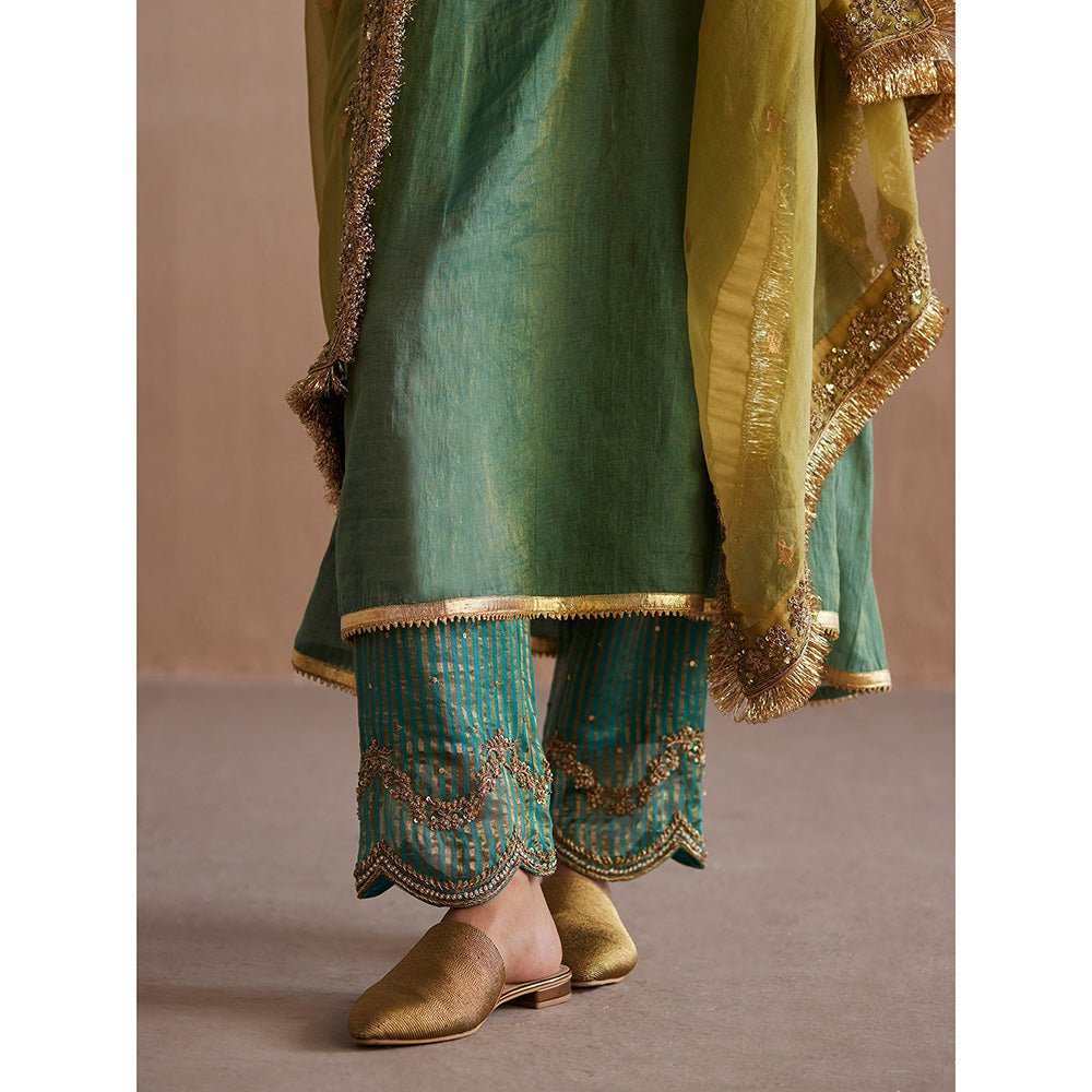 WeaverStory Noor Sea Green Cotton Tissue Kurta with Pant and Organza Dupatta (Set of 3)
