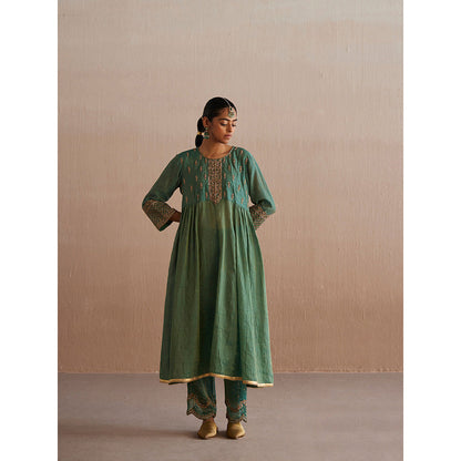 WeaverStory Noor Sea Green Cotton Tissue Kurta with Pant (Set of 2)