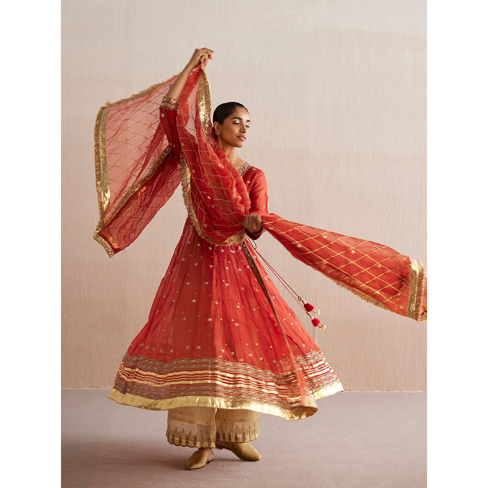 WeaverStory Nayaab Rust Orange Organza Angarkha with Tissue Pant and Dupatta (Set of 3)